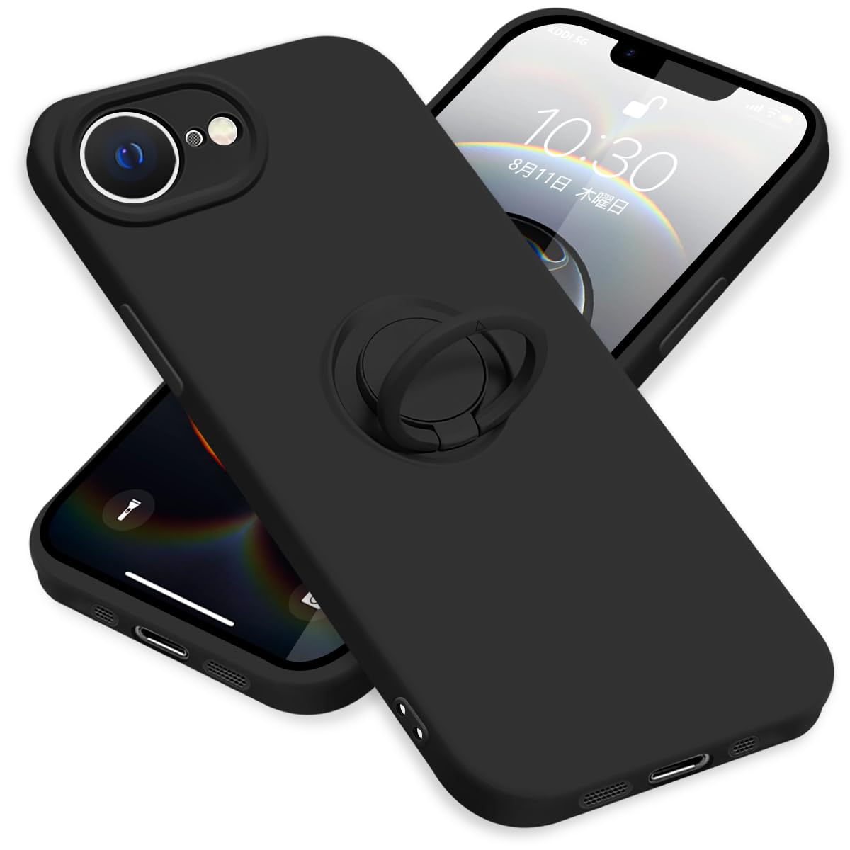 ZHUAZHULE ケース 用の iPhone16e アイフォン16e スマホケース リング付き シリコン スタンド機能 カバー 耐衝撃 レンズ保護 360°回転 車載ホルダー ストラップホール付き 滑り止め 指紋防止 薄型 （ブラック）