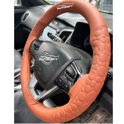 Image of Ten with Orange Stitch Leather Steering Wheel Cover Universal Fit Anti Slip Breathable Comfortable Grip Durable & Stylish for Cars Easy Install Long Lasting ProtectionNon SlipDesign.