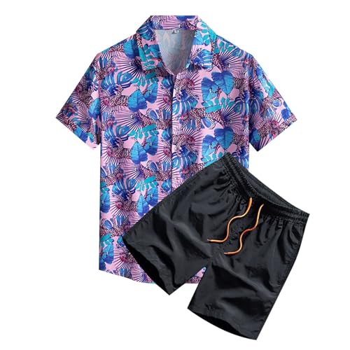Beokeuioe Camisa hawaiana para hombre, diseño de flores, para el tiempo libre, manga corta, camisa de playa y pantalones cortos, 2 piezas, traje de baño hawaiano, traje de casa, piscina, fiesta