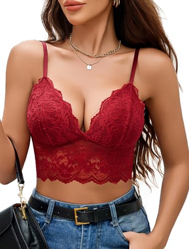 Image of Avidlove Lace Bralettes for Women V Neck Spaghetti Strap Bra Unpadded Tops Sexy Cami Crop Top Going Out Lingerie