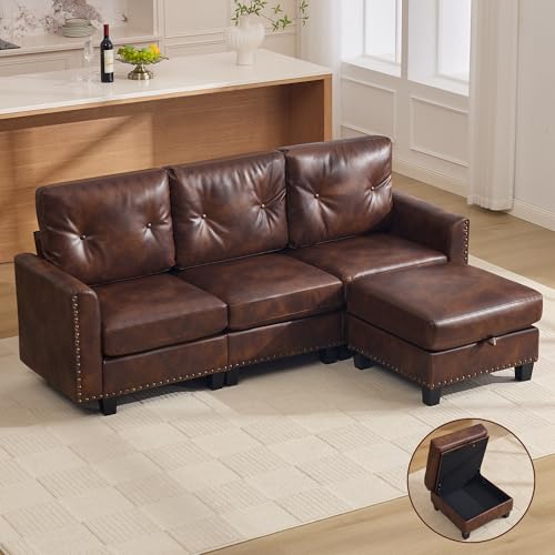 Image of 71 inch Faux Leather Modular Sectional 3 Seater Couch with Storage Ottoman, Vintage PU Leather L Shaped Sofa with Nailhead Trim, Mid Century Modern Tufted Couches for Living Room, Bedroom, Office, Brown