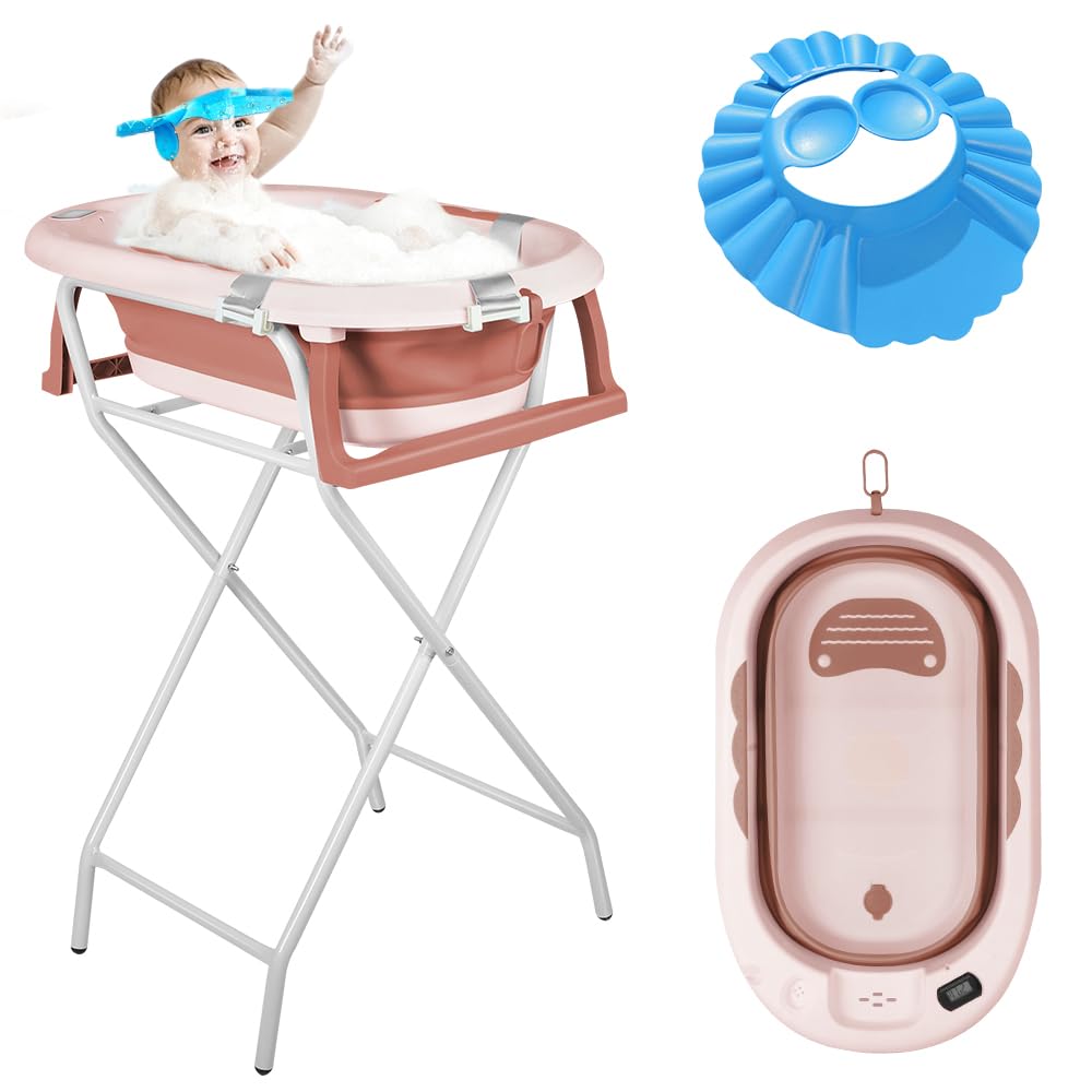 OHMG Vasca da Bagno per Bambini Pieghevole con Piedi, Grande Vasca XXL con Supporto, Termometro 2.0, Seggiolino e Kit di Drenaggio, Vaschetta per Neonati, Ideale per la Doccia, Dalla Nascita a 3 Anni