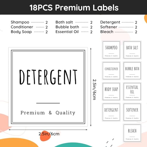 Image of Segbeauty 18pcs Waterproof Self-Adhesive Labels for Organizing Bathroom, Soap Dispenser, Home, Laundry, Cleaning - Removable Stickers for Plastic Glass Bottles