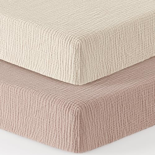 Image of Bearmoss Muslin Mini Crib Sheets for Pack N Play Mattress - 100% Cotton - 38 inchx26 inch Soft Breathable Playard Baby Crib Sheets Neutral for Boys Girls - 2 Pack (Baby Face)