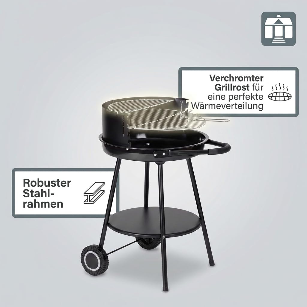 Tarrington House Holzkohlegrill Deluxe, Stahl, Tragbarer, rund, hohenverstellbarer Grillrost Ø 48 cm, mit Rädern, schwarz