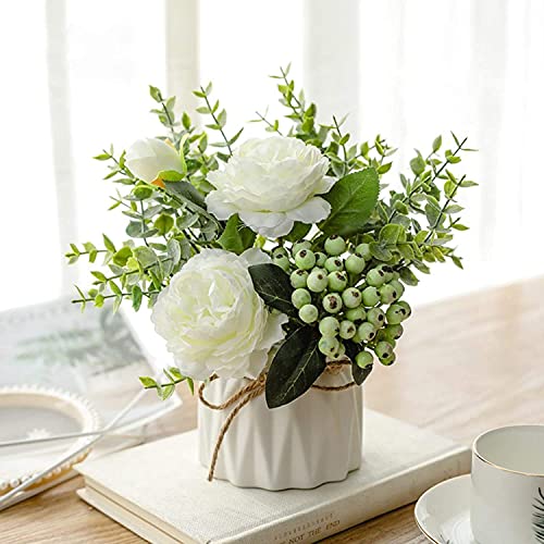FreeBiz Fleurs artificielles avec vase en céramique - Rose artificielle en soie - Plantes...