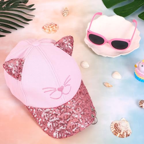 Girls Baseball Cap Kids Sunglasses Set,Adjustable Sun Hat Sequin Cat Ear Hat Cute Toddler Cap for Girls Ages 3-10Y(Pink)4