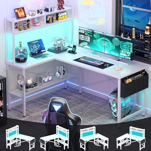 Image of Aheaplus L Shaped Desk Gaming Desk, 59 inch L Shaped Computer Desk with LED Light & Power Outlet, Reversible Home Office Desk Gamer Desks with Shelves & Storage Bag & Hooks, Corner PC Desk, White