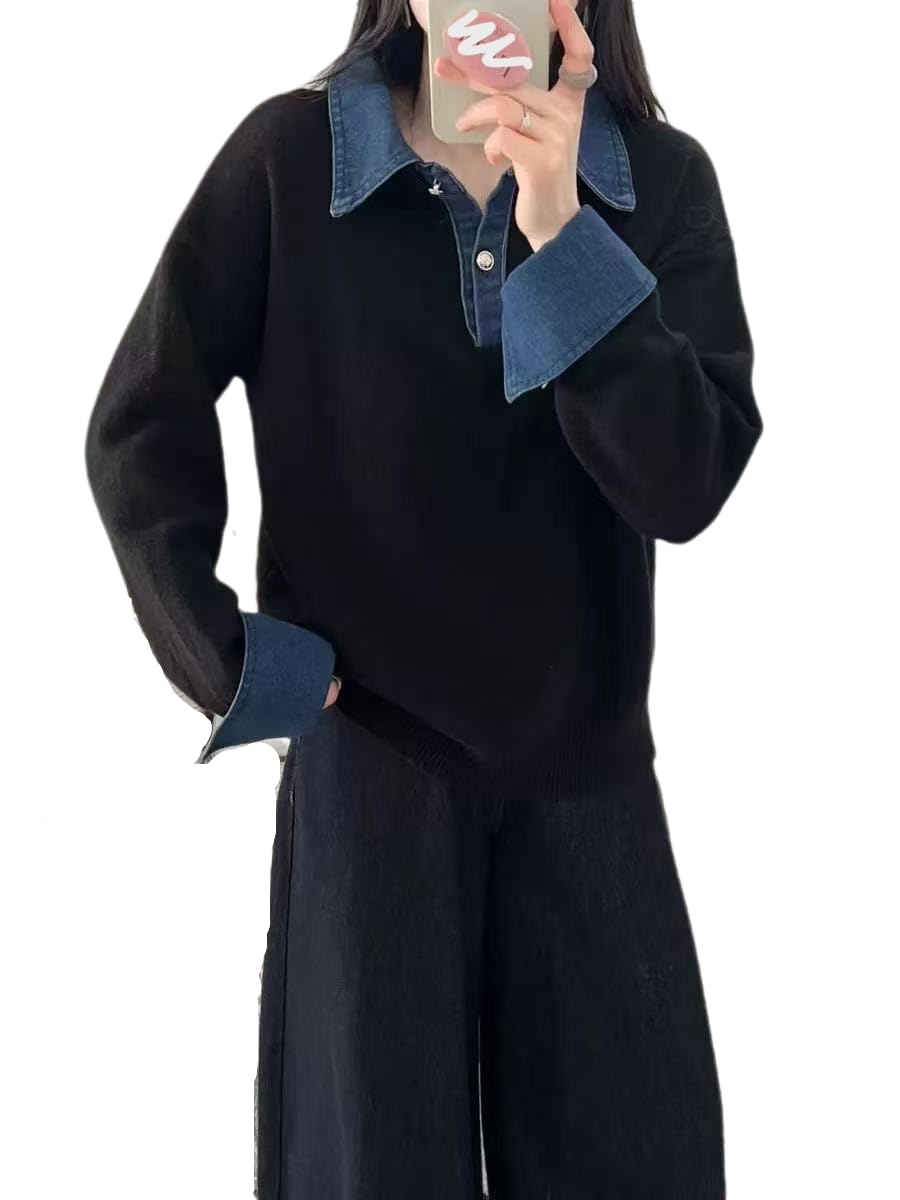 Womens Oversized Denim Panel Lapel Sweater Button V Neck Long Sleeve Color Block Pullover Sweater
