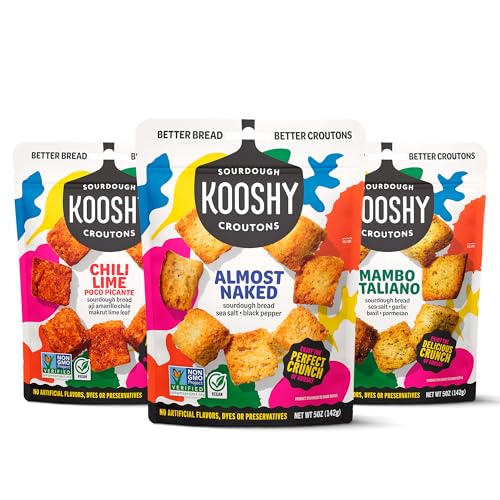 Kooshy Croutons | Made with Sourdough Bread | Non GMO Croutons for Salad, Soup, and Snacking (Variety Pack | 5 oz / 3 Pack)