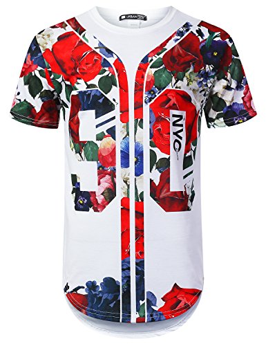 URBANCREWS Mens Hipster Hip Hop Rose 90 Graphic Longline T-Shirt White, S