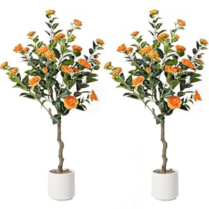 Artificial Camellia Tree 4ft, 2pack Indoor Fake Plant with Realistic Trunk, Leaves, Flowers and White Planter, Faux Potted Tree for Home Decor and Housewarming Gift