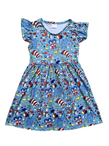 Baby Girls Spring Summer Cat in The Hat Dress Girls Flutter Sleeve Boutique Dress
