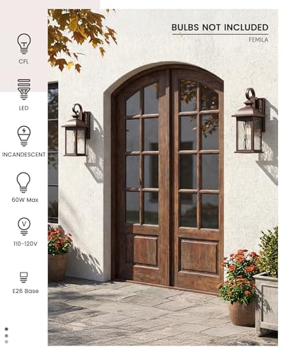 Image of FEMILA Dusk to Dawn Outdoor Wall Sconces, 15 inch ORB Front Porch Light Fixtures Wall Mount, Exterior Light for Patio, Entryway, Garden, Water Ripple Glass, UL Listed, 4FD54B-PC ORB-WP
