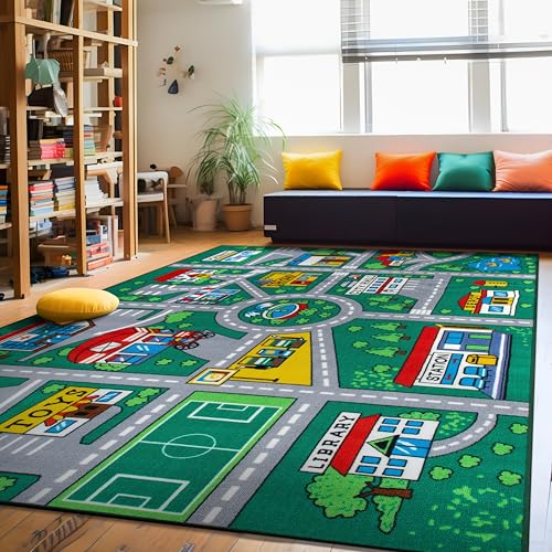 Rugshop Kids Playmat Road Traffic Educational High Traffic Living Room,Bedroom,Kitchen, Home Office Non Slip Area Rug 6'6" x 9' Green