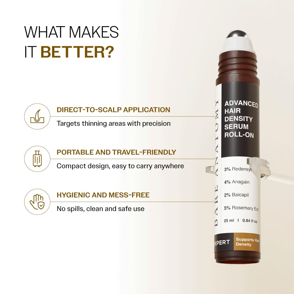 Bare Anatomy Advanced Hair Density Roll-On | 3% Redensyl + 4% Anagain + 2% Baicapil + 5% rosmarino, acqua di riso, biotina e saw palma | 25 ml