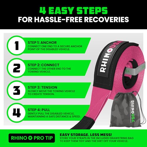 Image of Rhino USA Recovery Tow Strap (2 inch x 20') - 20,024lb Break Strength - Emergency Recovery Strap Tow Rope for UTV, ATV & More - Heavy Duty Towing Strap for Offroad 4x4 Use - Compatible with RZR and Can-Am