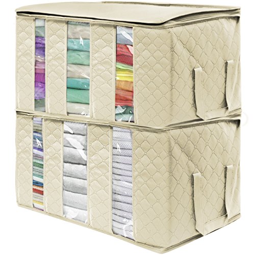 Sorbus Foldable Storage Bag Organizers, 3 Sections, Great for Clothes, Blankets, Closets, Bedrooms, and More, 2-Pack (Beige)