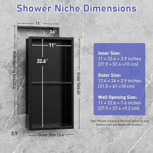 Shower Niche No Tile Needed, 12" X 24"(Inner Size 11"X22.6") Bathroom Niche for Shower Wall, Black Stainless Steel Shower Niche Insert for Bathroom, Recessed 2-Tier Wall Niche Shelf - Image 3
