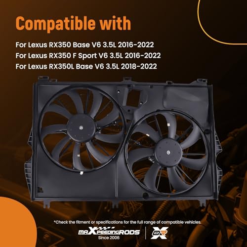 Image of maXpeedingrods Engine Radiator Cooling Fan Assembly for Lexus RX350 RX350 F Sport 2016-2022, for Lexus RX350L Base 2018-2022 V6 3.5L Replacement 163610P400 167110P340