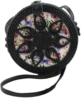 ShelterCast Round Rattan Bag for Women Straw Bag Handwoven Beach Bohemian Shoulder Purse (Black, Medium)