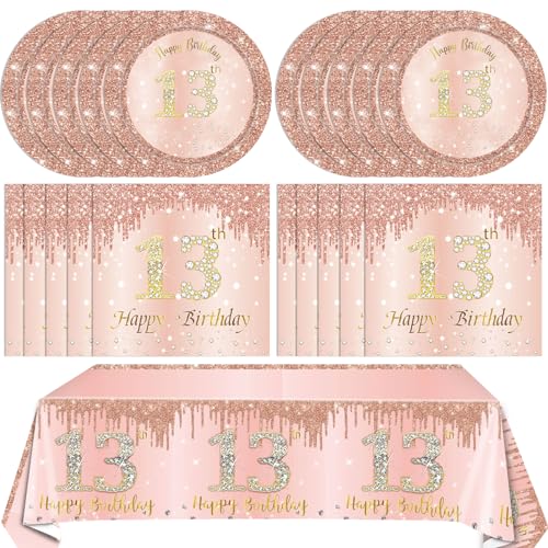 41PCS 13th Birthday Decorations Rose Gold Theme 13 Year Old Girl Birthday Decorations Including Happy Birthday Plates Napkins Tablecloth for Official Teenager 13th Birthday Party