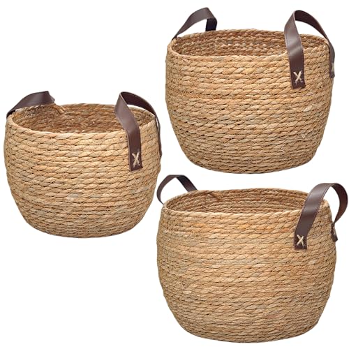GIB Round Wicker Woven Seagrass Storage Baskets with Leather Handles Set of 3, Natural Decorative Braided Rope Wicker Baskets Bins for Shelves Blankets Organizing, 13", 12" & 11"