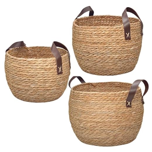 GIB Round Wicker Woven Seagrass Storage Baskets with Leather Handles Set of 3, Natural Decorative Braided Rope Wicker Baskets Bins for Shelves Blankets Organizing, 13", 12" & 11"