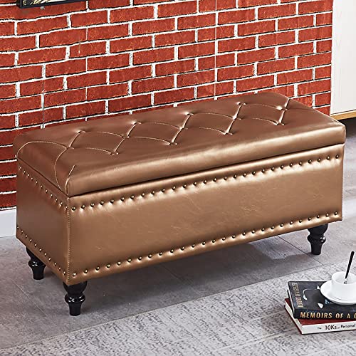 Banco otomano de almacenamiento de cuero moderno con capitoné, parte superior de elevación rectangular, baúl de almacenamiento, banco de zapatos y reposapiés de piel sintética, color dorado, 100 x 40