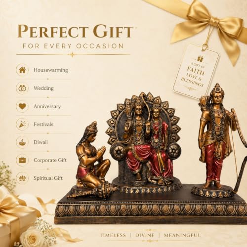 Image of ARMONIA Ram Darbar Idol with Lord Ram, Sita, Laxman & Hanuman Murti | Antique Finish Polystone, Living Room & Office | God Idol Gift for Wedding & Housewarming | 9*12 Inch | Includes Microfiber Cloth