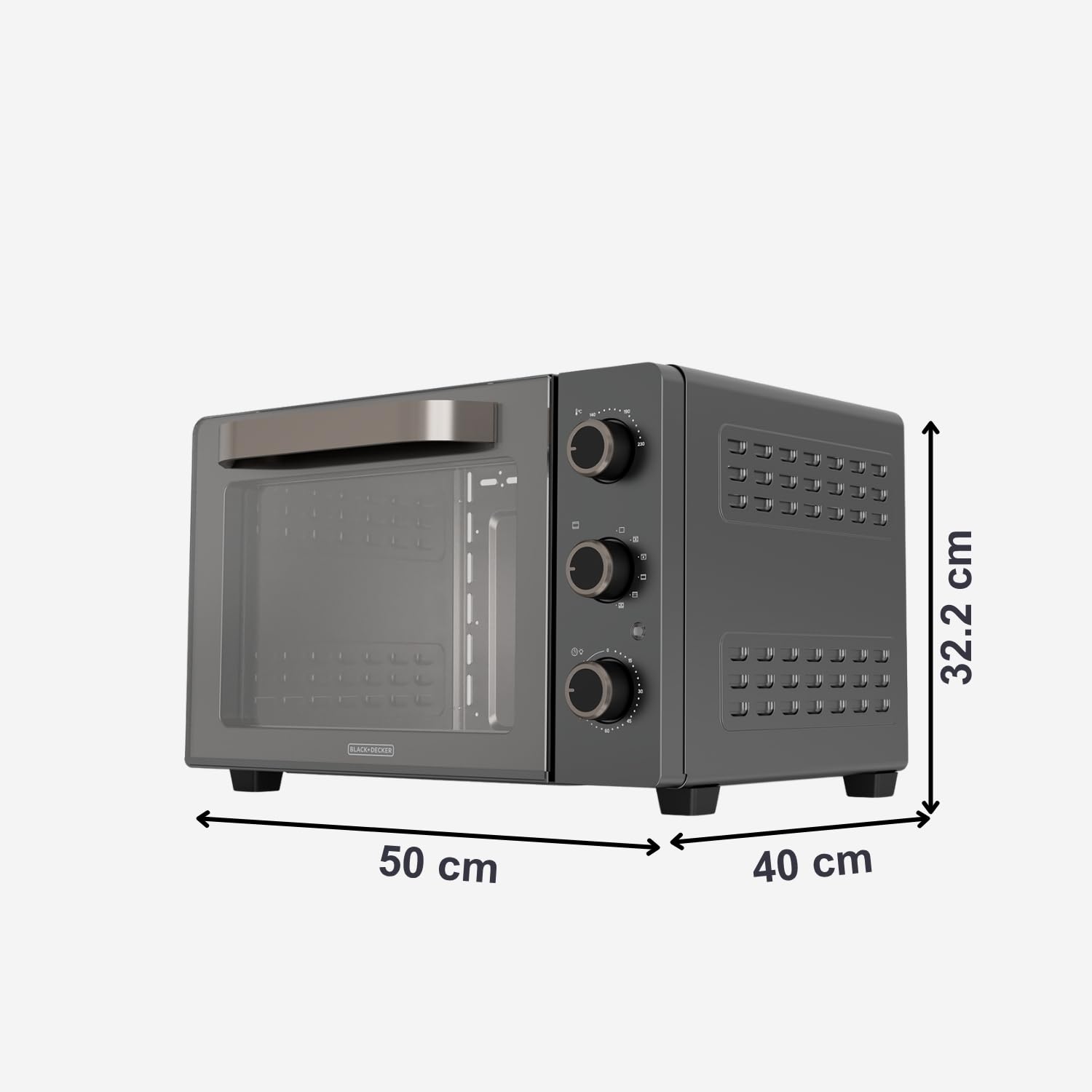 Black+Decker – Horno de sobremesa eléctrico BXOV3000E | 1500W | 30L | Grill | Superior | Convección | Timer 90 min | STAY ON | Doble cristal | Luz interior | Bandeja recogemigas | Rustidor