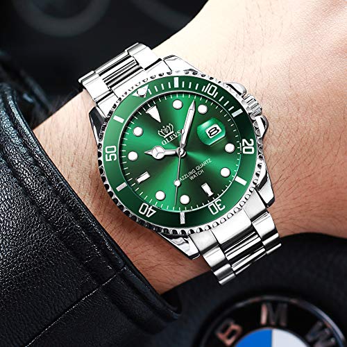 Image of OLEVS Watches for Men Classic with Date Business Dress Luxury Big Face Green /Black /Blue Waterproof Luminous Mens Wrist Watch Analog Two Tone Stainless Steel Men Watch