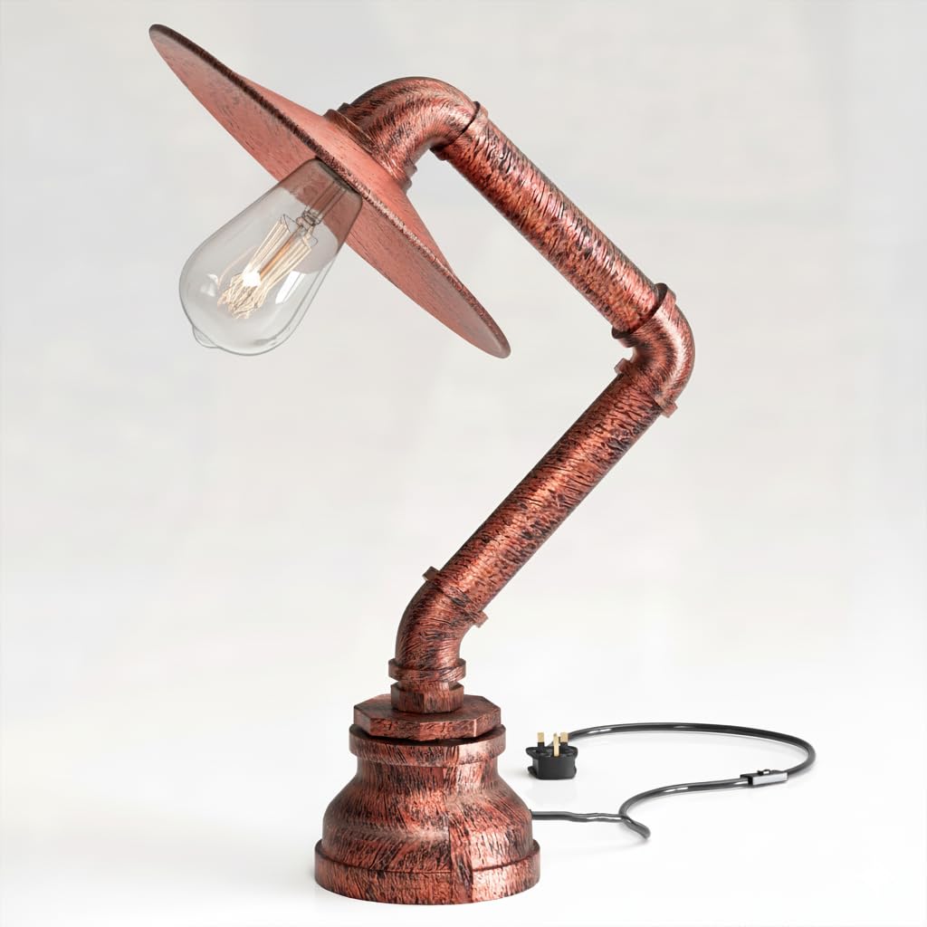 LEDSone Industrial Steampunk Pipe Table Lamp Vintage Retro Desk Light 31cm Rustic Red E27 Desk Lamp for Living Room, Bedroom, Study, Office, Décor
