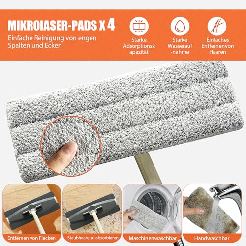 Wischmopp Set mit Eimer 2-in-1 Bodenwischer mit 360° Drehkopf & Auswringfunktion Putzeimer mit Wischmop Edelstahlgriff und 4 Mikrofaserpads Handfreies Reinigungssystem Für Parkett Laminat & Fliesen – Bild 5