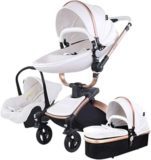 3 in 1 Baby Strollers Safety 2 in 1 Baby Strollers with car seat Leather Aluminium Alloy Frame Black Gold with Independent Sleeping Basket (White) - coolthings.us