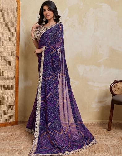 Image of SIRIL Women's Georgette Sequins Embroidery Printed Bandhani Saree with Unstitched Blouse Piece
