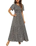 Kranda Round Neck Short Flutter Sleeve Smocked Ruffle Floral Maxi Dress Navy S