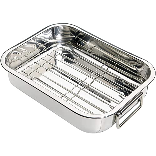 SDMAX Roasting Tin Tray, Stainless Steel Oven Roasting Tin with Rack, Folding Side Handles, Baking Roaster TIN Grill Rack, Roaster Set, Oven Grill Tray (Large 37X28X5.5CM)