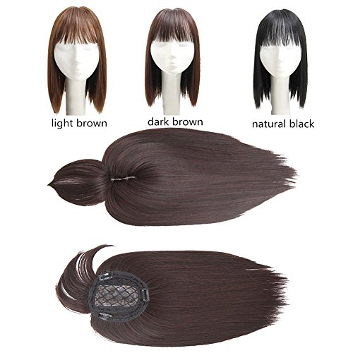 BESTLEE Synthetic Human Hair Mono Hairpiece for Hair Loss Clip in/on Hair Topper with Air Bangs 12 Inches (Dark Brown)