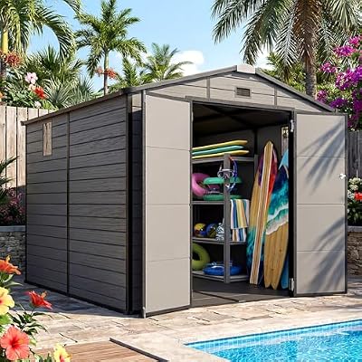 Quictent 8x8 FT Resin Outdoor Storage Shed with Floor, Plastic Storage Shed with Window & Vent, Lockable Door, Heavy Duty Tool Garden Shed for Patio Bike Lawn Mower Pool Supplies(7.2X7.6FT Base)