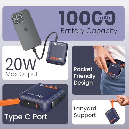 Image of Portronics Aero 10 10000 mAh 20W Fast Charging Mini Power Bank with Detachable Type C Cable, Type C PD Input /Output Port, LED Indicator, Wake Up Button, Strong Lanyard, Light Weight (Blue)