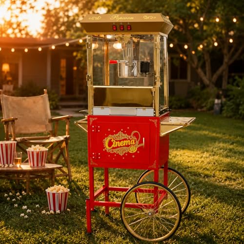 Image of Commercial Popcorn Machine with Cart - 16 OZ Kettle Popcorn Makers with Heating, 3-Switch Control & Tempered Glass Doors, for Office, Schools, Home, Carnival, Movie Theath, Parties, Christmas, Red