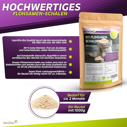 Foto von Vita2You Flohsamenschalen Bio 99% Reinheit 1000g - Laborgeprüft - 100% Bio Anbau - 1kg indische Flohsamen Schalen - Premium Qualität