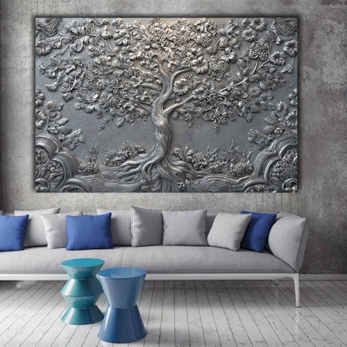 Impression sur toile arbre de vie argenté grand format 60x90