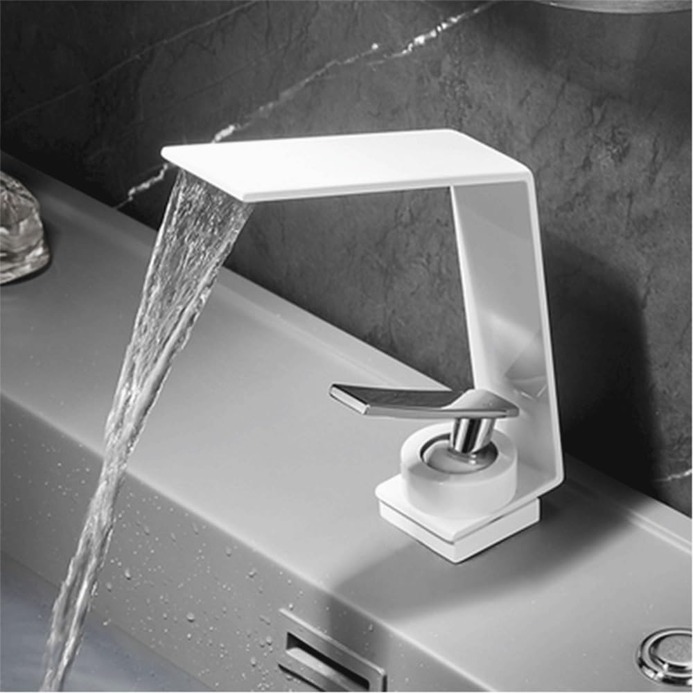 Grifo cuadrado para lavabo sobre encimera blanco con mangueras mezcladoras
