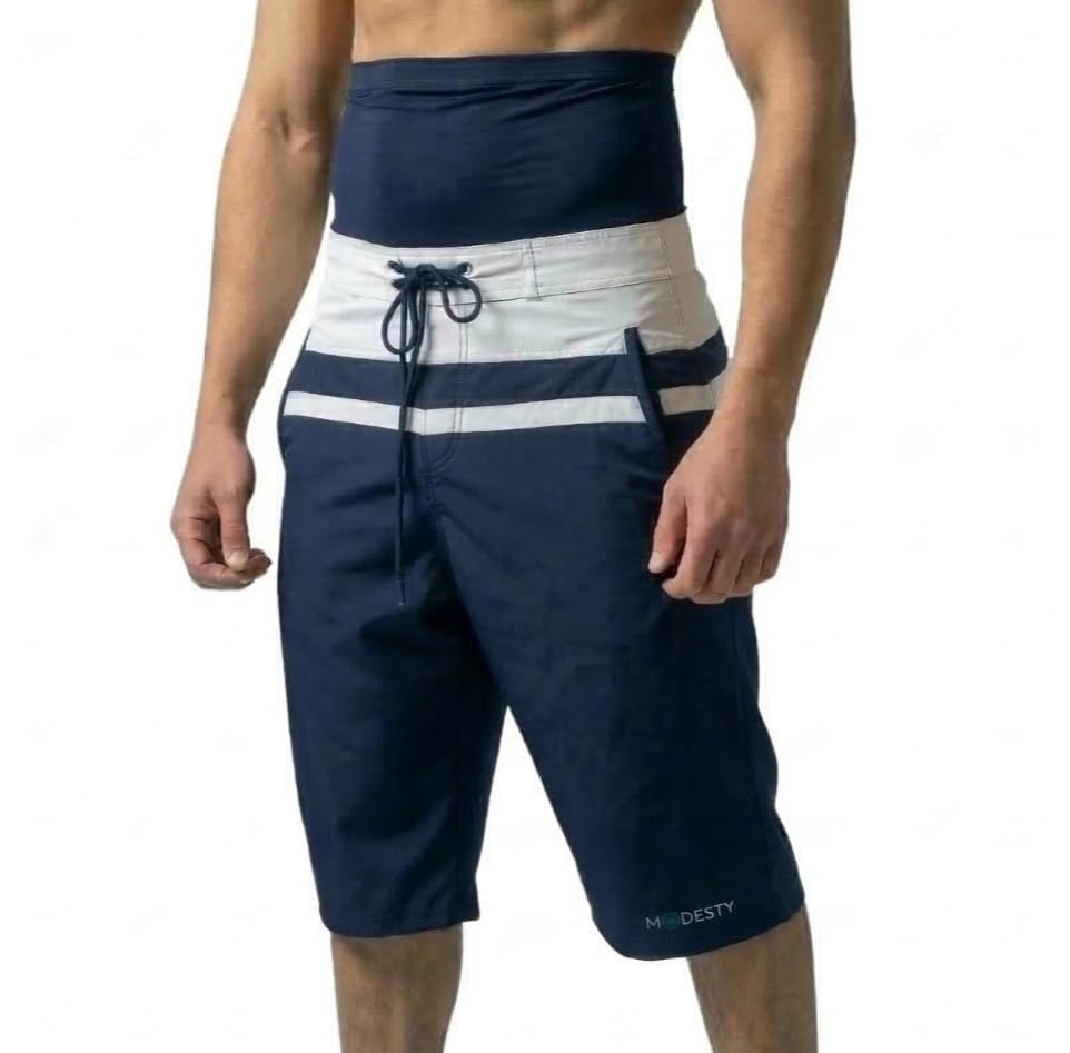 Modesty - Short de Bain Homme Musulman XXL Bleu - Blanc | Maillot de Piscine, Sarouel,Islamique, awrah, Natation, Plage, Surf, Sport.