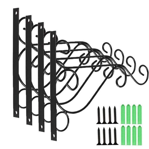 4X Heavy Duty Wall Hanging Basket Bracket Plant Hanger Hook Black Fence Hooks with Screws for Lanterns Wind Chimes Flower Pot Baskets Decorative Plants Garden Patio Lawn Indoor Outdoor Decor