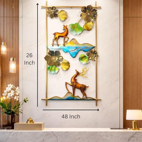 Image of SHREE 'O' GREEN TECH - Iron Large Handcrafted Metal Golden Deer Wall Art Leaf Frame Showpiece Multicolor Decor for Home, Living Room, Drawing Room & Bedroom Decor (Size 48x26 Inch)