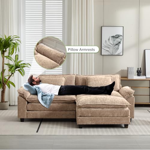 Image of Oprisen 86 inch Modular Sectional Sofa, Comfy Cloud Couch Sectional Sofa with Ottoman, Chenille Sofa Sleeper Deep Seat Sofa with Throw Pillows for Living Room (Khaki, 86 inch- L Shape)