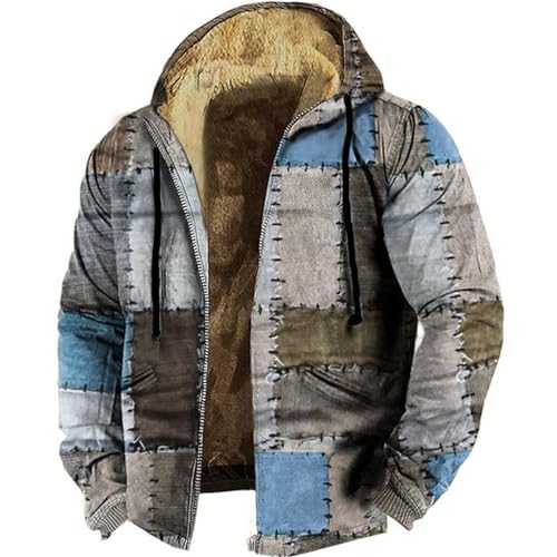 Mens Hippie Patchwork Sherpa Fleece Lined Jackets Western Vintage Zip Up Hoodies Warm Thicken Heavyweight Chore Coats